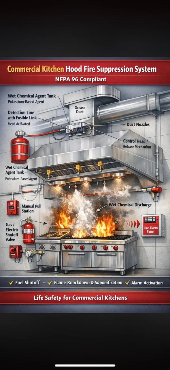 Commercial kitchen hood fire suppression system, NFPA 96 compliant