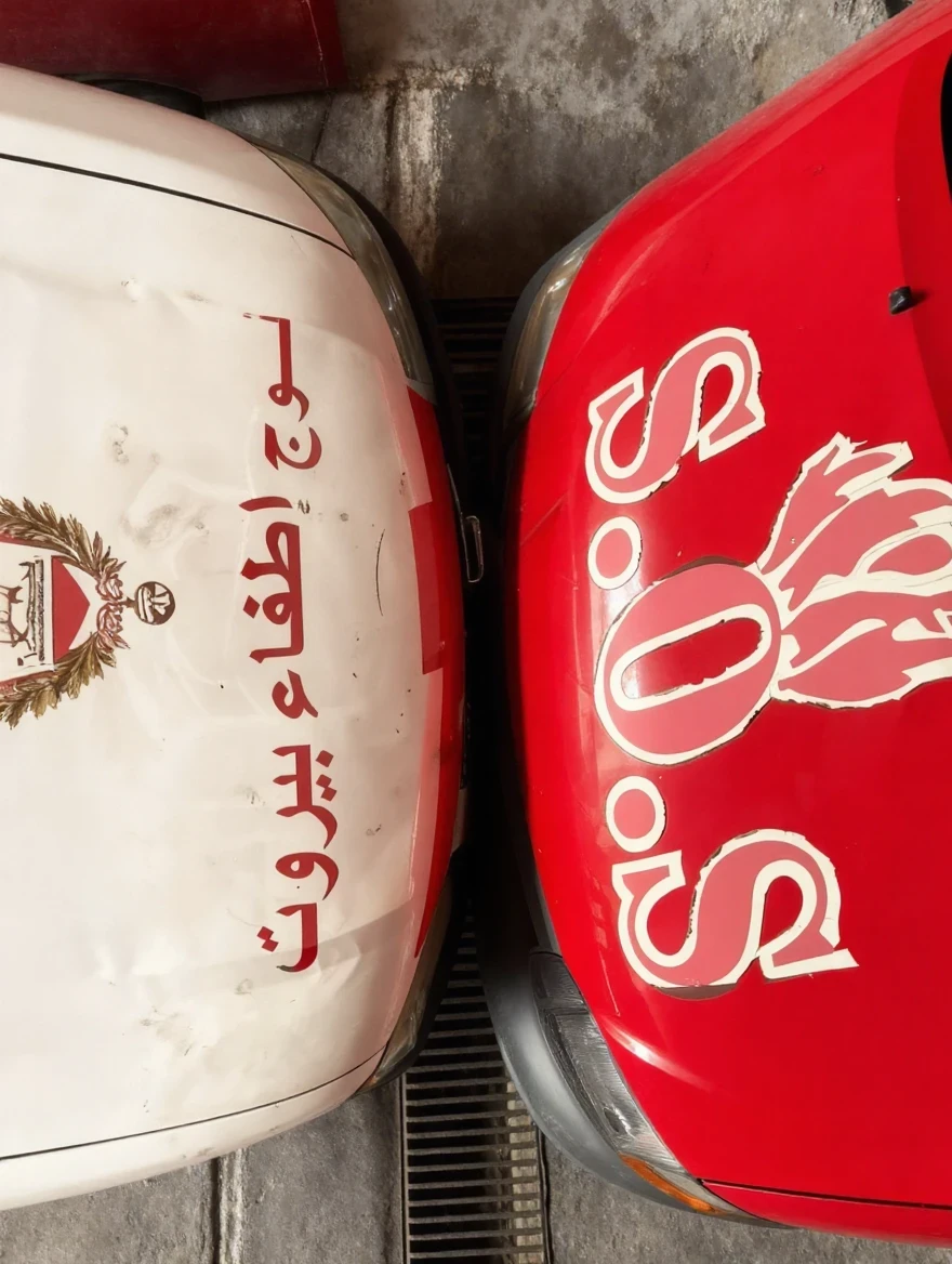 An S.O.S branded vehicle beside a Beirut Fire Brigade fire truck